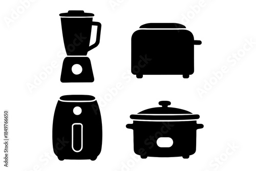 Silhouette icons of kitchen appliances: blender, toaster, air fryer, slow cooker.