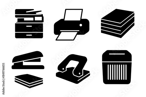 Silhouette icons of office equipment: printer, paper, stapler, hole punch, shredder.