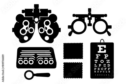 Optometry tools and vision test chart silhouettes in black and white.
