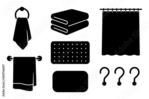 Silhouette icons of bathroom essentials including towels and shower curtain.