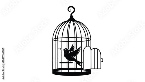Black silhouette of a bird flying out of an open cage, minimalist flat design isolated on white background