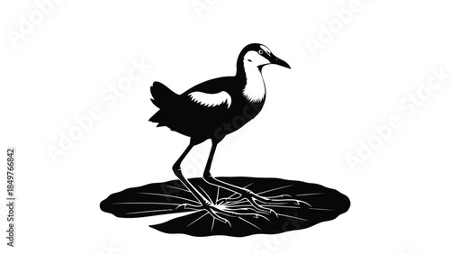 Black bird silhouette standing on lily pad in minimalist flat design isolated on white background