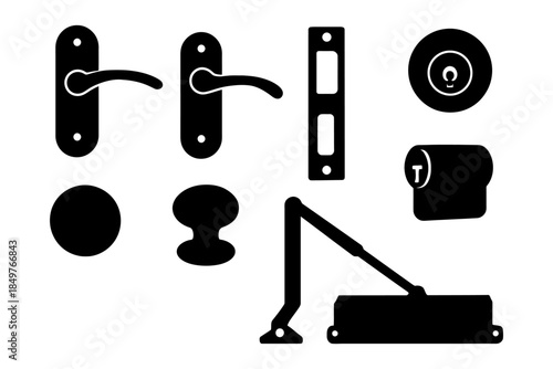Assorted black door hardware icons set.
