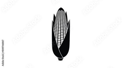 Minimalist black silhouette of an ear of corn with husk isolated on white background