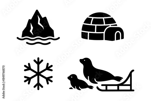 Arctic symbols: iceberg, igloo, snowflake, seals, sledge in black icons.