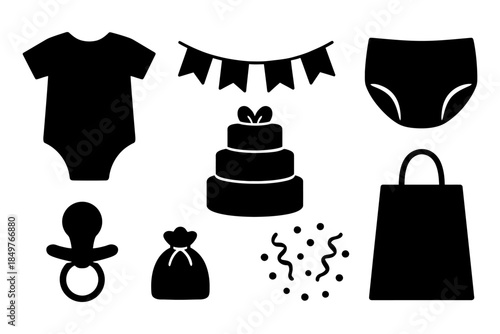 Black silhouette baby shower icons: onesie, cake, banner, pacifier, confetti, diaper bag.