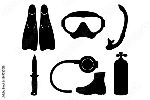 Scuba diving gear silhouette: mask, snorkel, fins, regulator, tank, knife, boot.