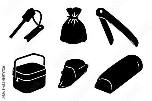 Camping gear icons: fire starter, sleeping bag, pocket saw, mess kit, tent, ground pad.