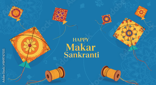 Happy Makar Sankranti festival greeting card with colorful decorative kites and string spools on a textured blue background.
