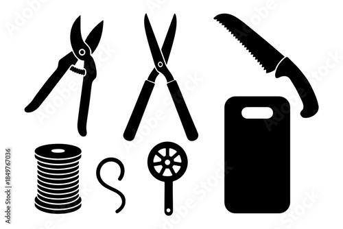 Gardening and kitchen tools silhouettes set.