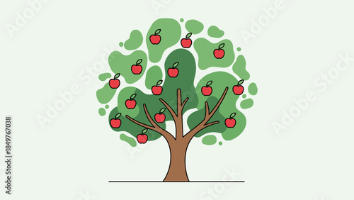 Apple Tree with Red Apples Illustration.
