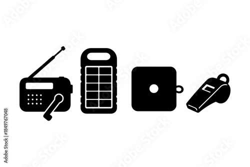 Emergency survival tools icon set: radio, solar charger, compass, whistle.