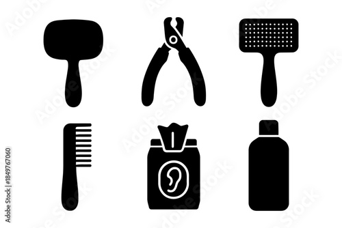 Essential pet grooming tools set: brush, clippers, comb, wipes, shampoo.