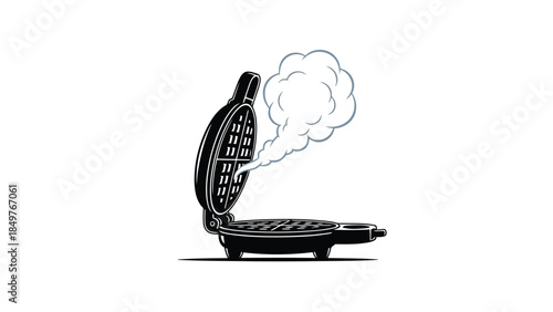 Black silhouette of open waffle maker with smoke on , minimalist flat design isolated on white background