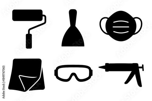 Silhouette tools: paint roller, putty knife, safety mask, cloth, goggles, glue gun.