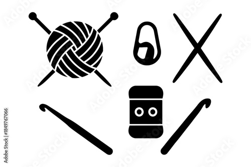 Knitting and crochet tools: yarn, needles, hook, marker, pins.