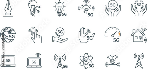 5G technology and wireless communication line icons set, high speed internet, smart devices, network coverage, innovation, connectivity symbols for web design