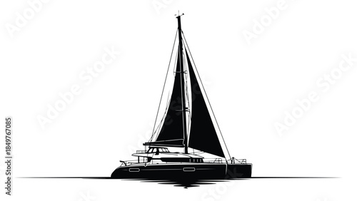 Black silhouette of a catamaran sailboat on calm water, minimalist flat design isolated on white background