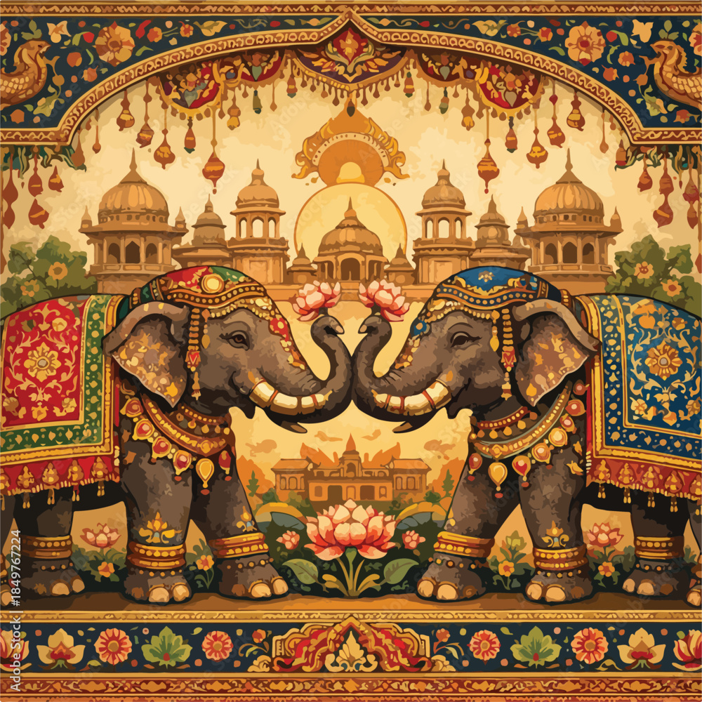 Fototapeta premium Traditional Indian Elephant Illustration with Ornamental Palace Border