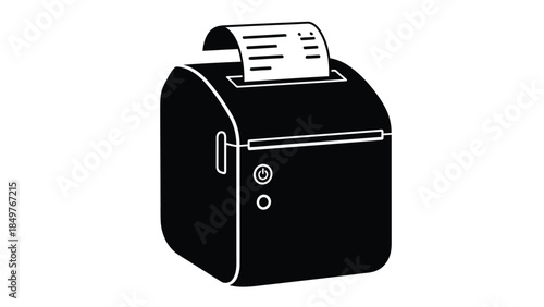 Minimalist black silhouette of a printer with paper output isolated on white background