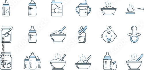 Baby food and feeding line icons set, infant nutrition, bottle, spoon, bowl, pacifier, healthy baby meals, childcare symbols for web and app design