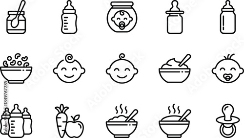 Baby food and feeding icons set, infant nutrition symbols, bottle, pacifier, healthy baby meals, cute newborn face line vector illustration