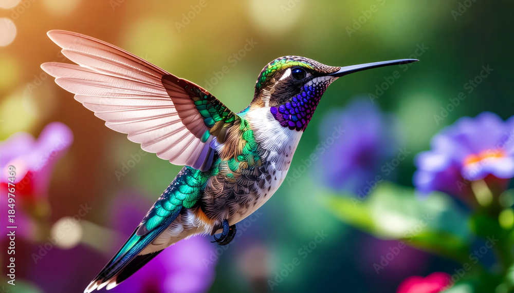 Fototapeta premium Close-up image of a hummingbird with its beautiful colors. Macro photography.