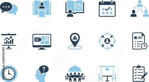 Business communication and management icon set collection, meeting, planning, presentation, scheduling and teamwork symbols, modern flat vector illustration for web, app and infographic design