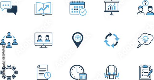 Business meeting and planning icon set collection, communication, scheduling, collaboration, analytics and workflow symbols, modern flat vector illustration for web, app and infographic design