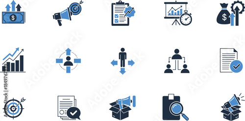 Business strategy and marketing management icon set illustrating growth, planning, targeting, leadership, performance analysis, financial success, communication, and decision making concepts