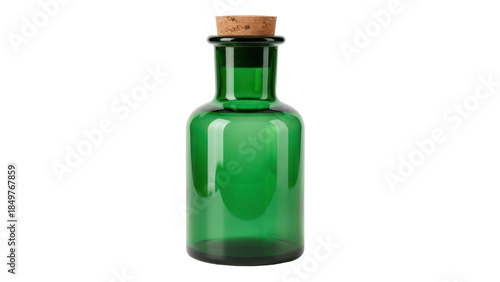 Isolated antique glass bottle with cork stopper, vintage container for potion or medicine