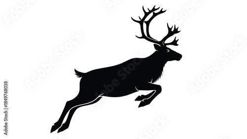 Black silhouette of a leaping deer with large antlers isolated on white background