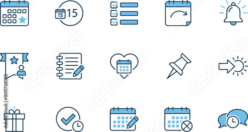 Calendar and scheduling icon set collection, reminder, task list, deadline, notification and planning symbols, modern flat vector illustration for productivity, web and app design