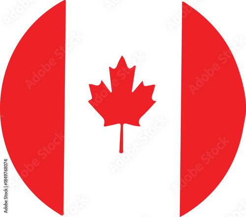 A circular depiction of the canadian flag with a red maple leaf