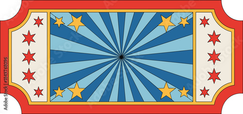 Vintage circus ticket template with retro sunburst and stars