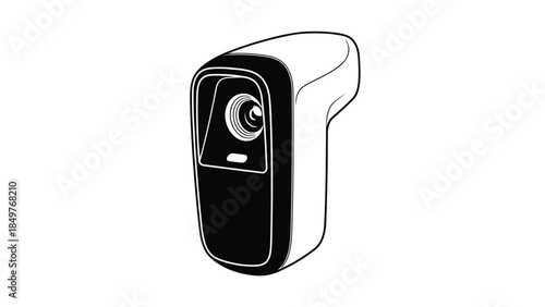 Black and white line drawing of a security camera with a sleek design and modern aesthetic on a isolated on white background