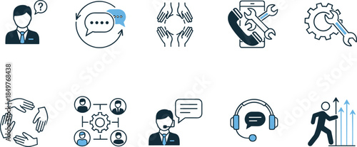 Customer support and business communication line icons set, help desk, teamwork, maintenance, collaboration, technical service, growth, call center symbols for web design