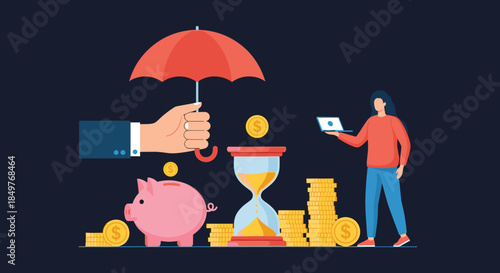 Financial security and investment protection concept with an umbrella over money, a piggy bank, and an hourglass for planning.
