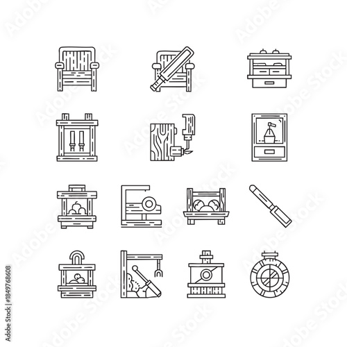 Collection of woodworking and carpentry icons in line art style