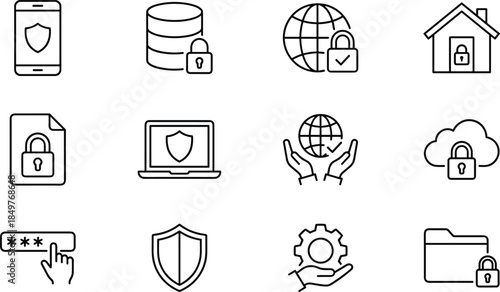 Cybersecurity and data protection icon set illustrating digital security, privacy, cloud safety, authentication, encryption, secure storage, and online protection concepts
