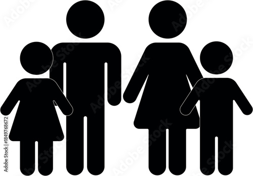 Simple black silhouette of a family of four representing parents and children isolated on a white background for universal use