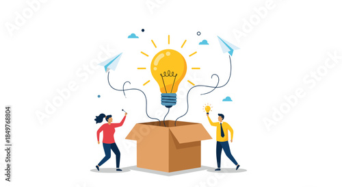 Man and woman working together to launch a new creative idea from a cardboard box, symbolizing innovation and teamwork.