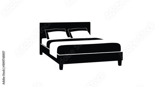 Black silhouette of a bed with two pillows against a isolated on white background