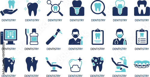 Dental Icon Set Vector, Dentistry Blue and Black Symbols Collection, Tooth Health Care, Oral Surgery, Orthodontics, Implantology, Medical Services Graphics.