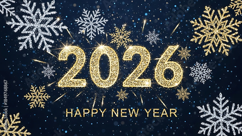Happy New Year 2026 Sparkling Number Design with Shining Snowflakes on Dark Blue Background