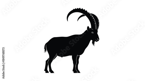 Black silhouette of a goat with curved horns isolated on white background