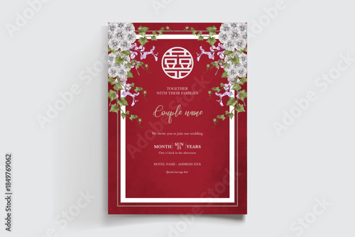 WEDDING INVITATION FRAME WITH FLOWER DECORATIONS AND FRESH LEAVES