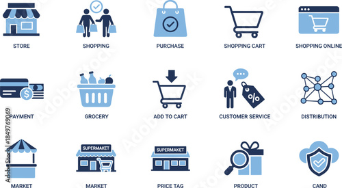 Ecommerce and shopping icon set collection, store, online purchase, cart, payment, grocery and customer service symbols, modern flat vector illustration for web and app design