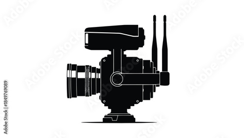 Black silhouette of a security camera with antennae on a isolated on white background