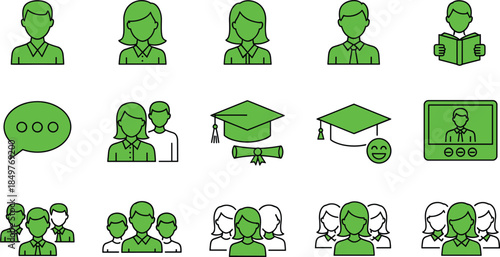 Education and people avatars icon set, students teachers graduates communication symbols, online learning community, outline vector illustration for web, app and infographic design